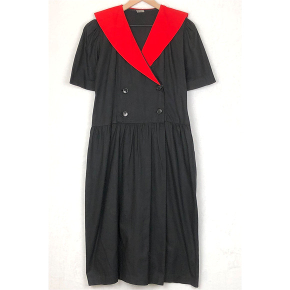 VTG NAYA 1980s Drop Waist Midi Dress Sz S Black Red 100% Cotton Button Pockets - Picture 1 of 12